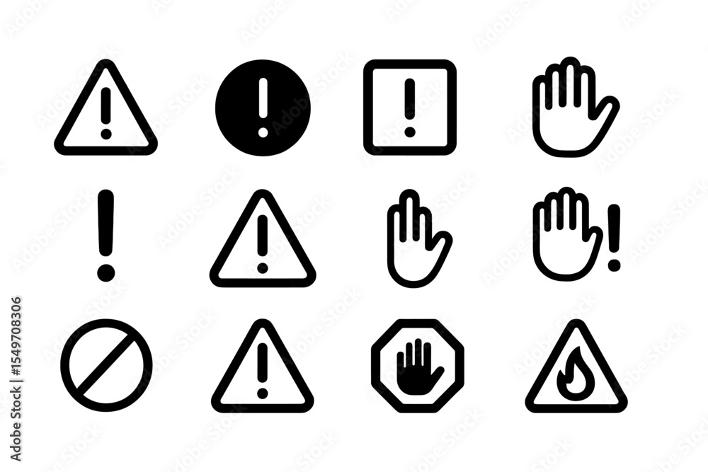 Poster warning symbols displaying safety alert signs for various hazardous situations in a clear, organized