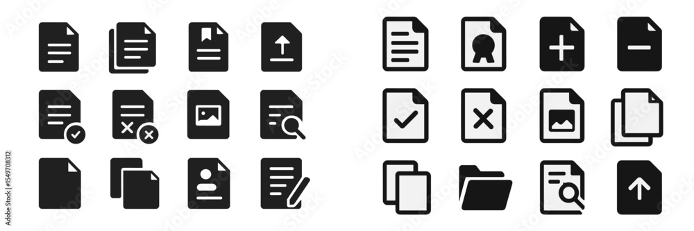 Aufkleber Collection of simple black document icons arranged in a grid format on a white background showcasing various functions and types of files
