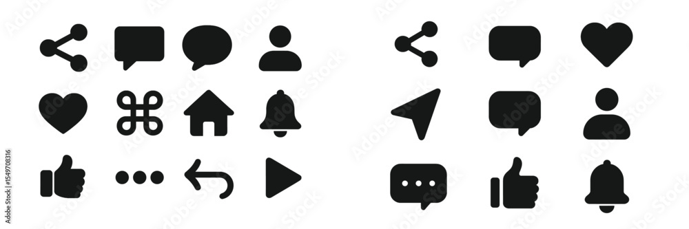 Poster Black icons representing communication and social interaction elements displayed on a minimalist background for digital applications