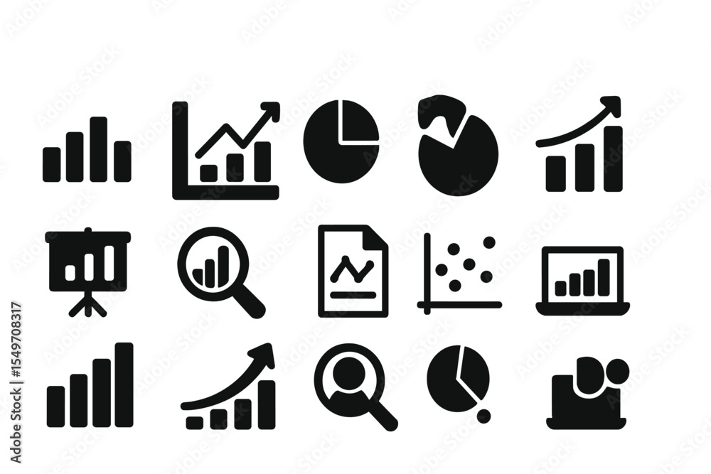 Poster collection of black icons representing data analysis, charts, and business graphics on a white backg