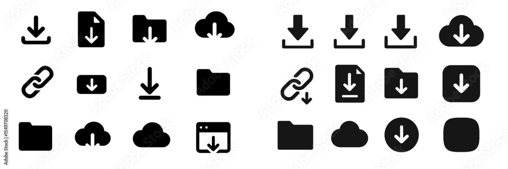 Aufkleber download and upload icons displayed in black and white representing various digital file actions and