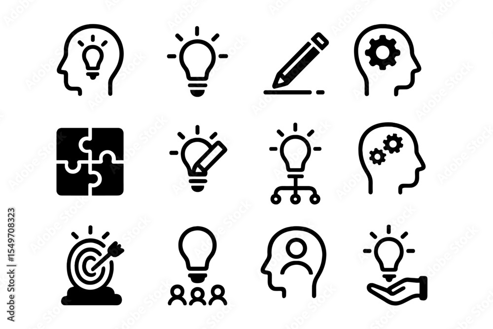 Poster creative icons representing innovation, brainstorming, and teamwork in a minimalist design