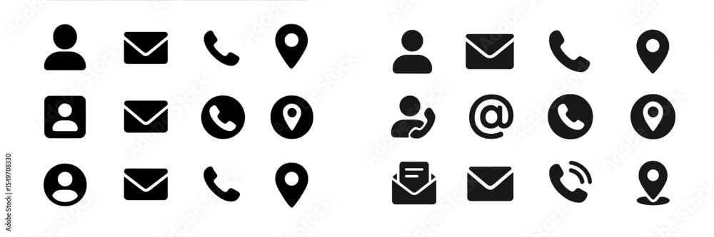 Aufkleber collection of modern communication and contact icons in black and white arranged systematically