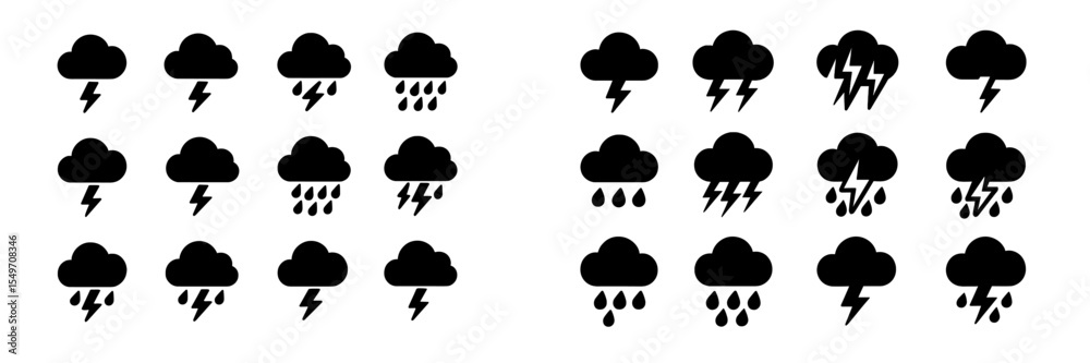 Poster various weather icons illustrating rain, thunderstorms, and lightning in a minimalist design