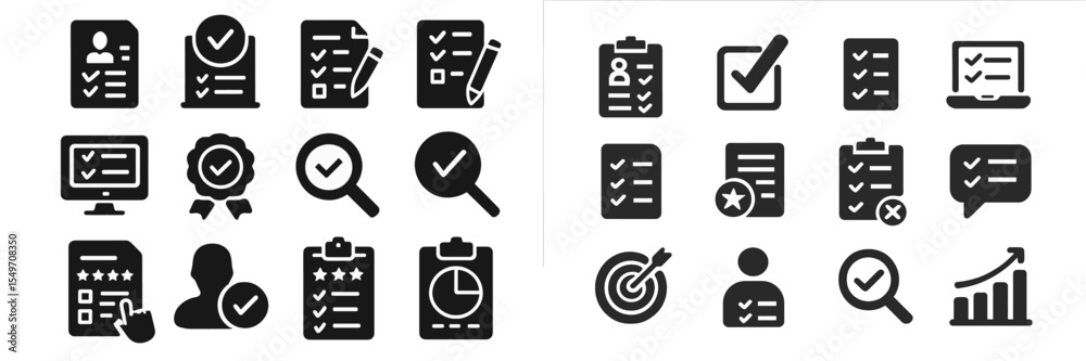 Aufkleber Various icons depicting tasks and evaluations related to productivity and organization in a modern workspace setting