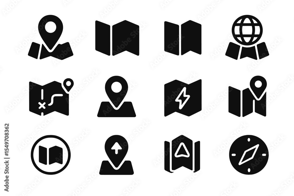 Poster Collection of black map and location icons showcasing navigation and geographic features for design use
