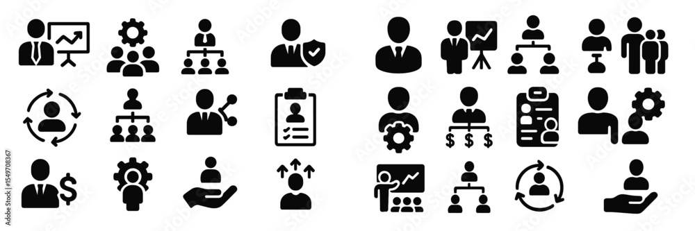 Poster Icons representing various aspects of business management and teamwork in a professional setting