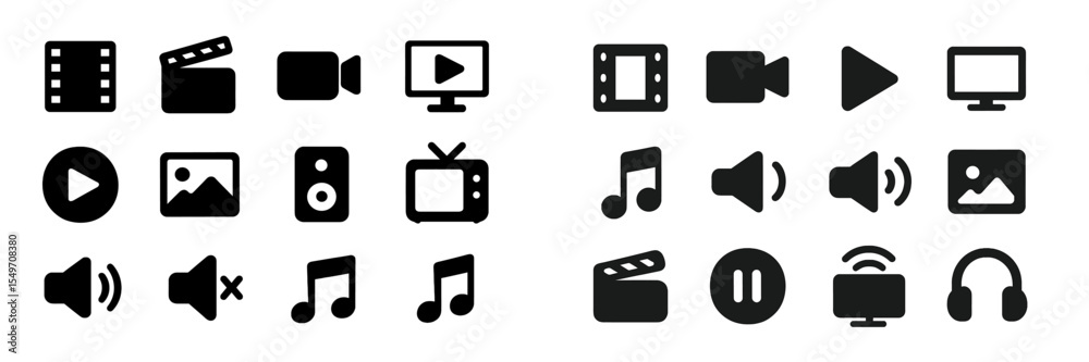 Aufkleber collection of multimedia icons representing various media formats and playback options in a minimali