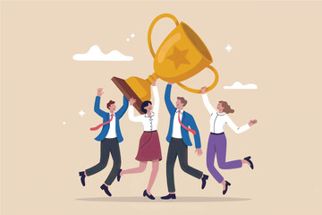 Team celebrating victory holding a trophy isolated on transparent background
