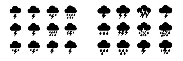 Obraz premium Various weather icons illustrating rain, thunderstorms, and lightning in a minimalist design