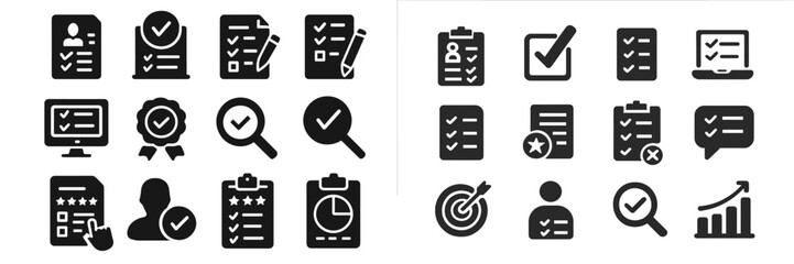 Various icons depicting tasks and evaluations related to productivity and organization in a modern workspace setting