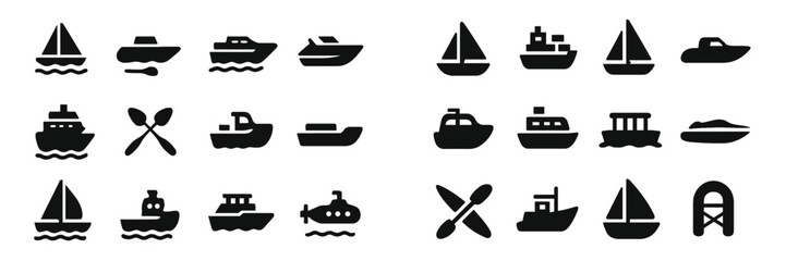Collection of various boat and watercraft silhouettes displayed in a simple, monochromatic design suitable for nautical themes