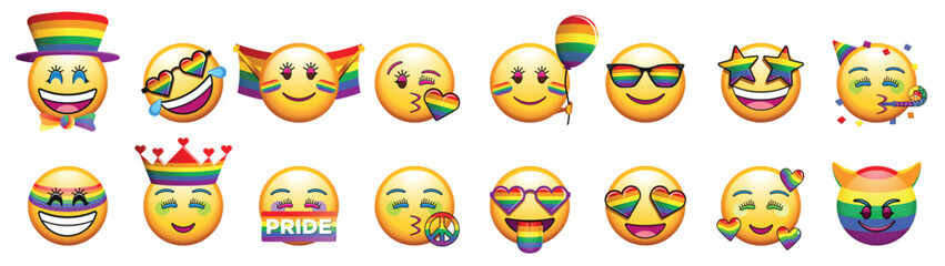 Round yellow LGBT-themed emojis with different facial expressions happy, naughty, in love, partying, laughing, and evil.