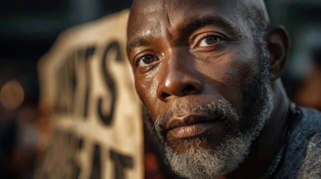 An African American man holding a Juneteenth banner , portrait shot , in front of a crowd at the festival , strong emotional connection and direct focus , with golden sunset light