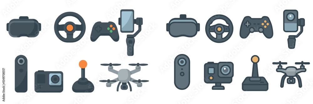 Poster technology icons representing various devices used for gaming, photography, and drone operation in a