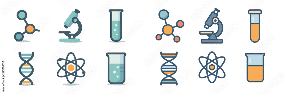 Poster set of scientific icons showcasing molecular structures, laboratory equipment, and experiments in a 