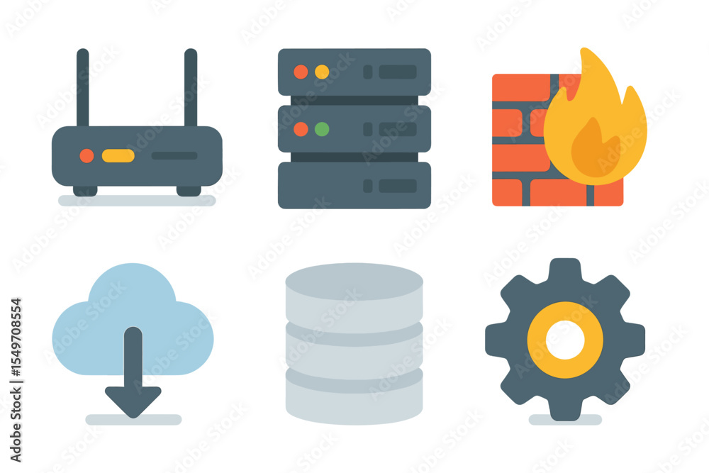 Aufkleber Network infrastructure components including router, servers, firewall, cloud, and database icons on white background
