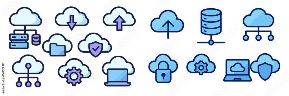 Poster Cloud computing icons depicting various services and activities in technology environment during daytime