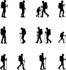 Fototapeta premium Hiking Hikers Standing on Mountain Peak Silhouette vector graphics