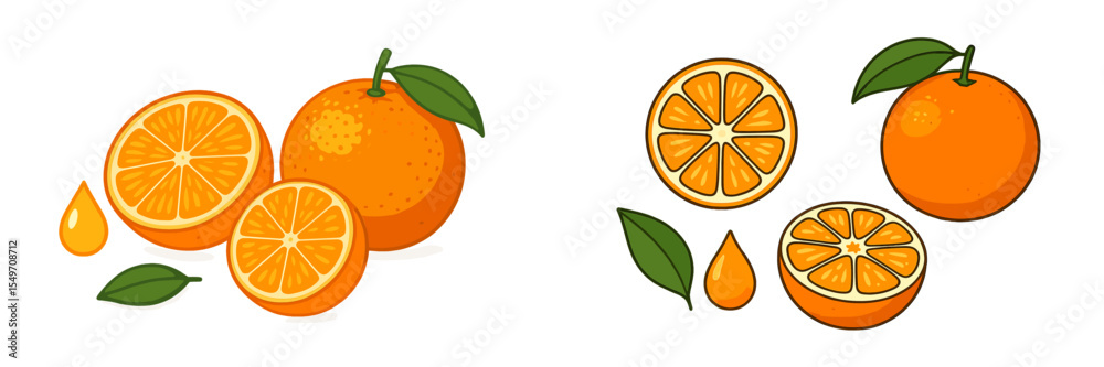 Poster fresh oranges and slices displayed on a white background highlighting their vibrant color and juicy 