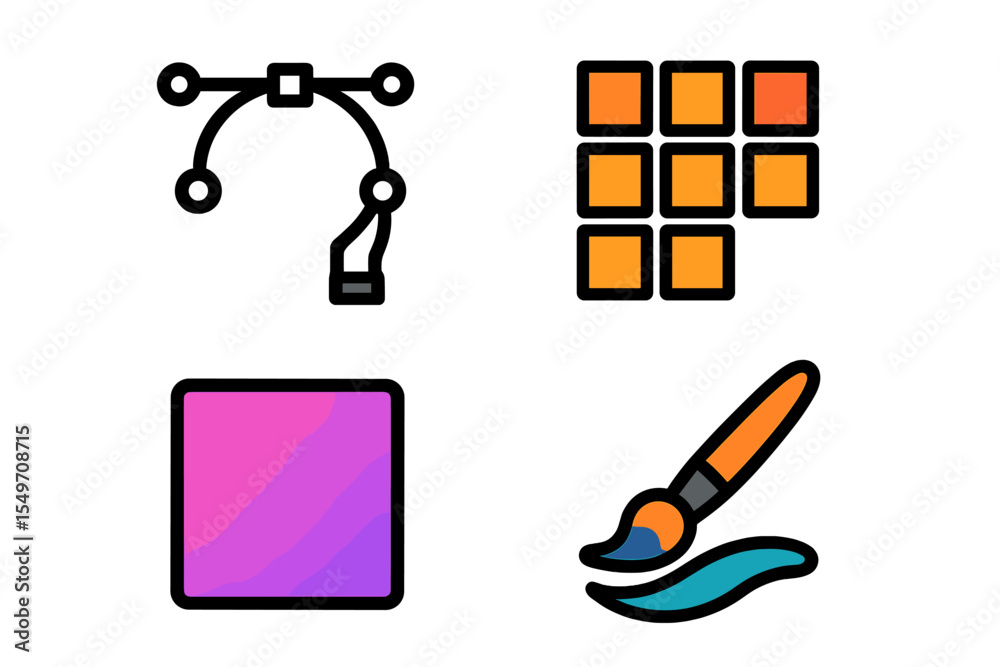 Poster design elements featuring vector tools, color palettes, and brush icons in graphic design context