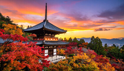 Naklejka premium Autumn temple scenery in Japan with vibrant colors and sunset