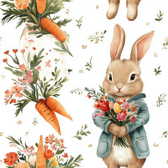 Cute bunny holding flowers and carrots celebrating easter with watercolor seamless pattern