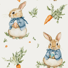Cute bunny rabbit holding easter egg and wearing blue jacket, seamless pattern