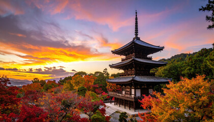 Naklejka premium stunning autumn temple scenery in Japan with vibrant colors