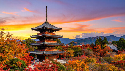Obraz premium Autumn temple scenery in Japan with vibrant colors and sunset