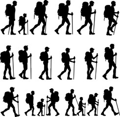 Hiking Hikers Standing on Mountain Peak  Silhouette  vector graphics