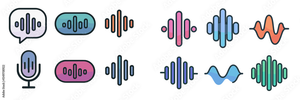 Poster sound wave illustrations in various designs and colors illustrating audio concepts