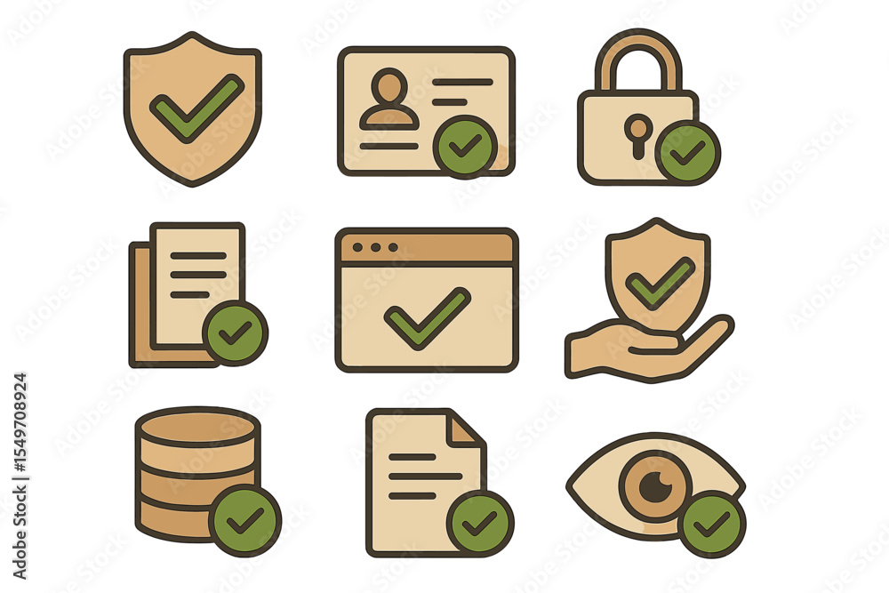 Poster Multiple icons representing security, privacy, and data protection concepts in a simple illustration