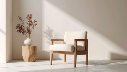 Single minimalist chair with blocky contours and creamy texture set on a lightly shadowed neutral stage.