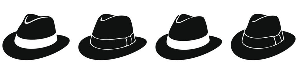 Four classic fedora hat silhouettes, ideal for fashion, vintage, or design projects.