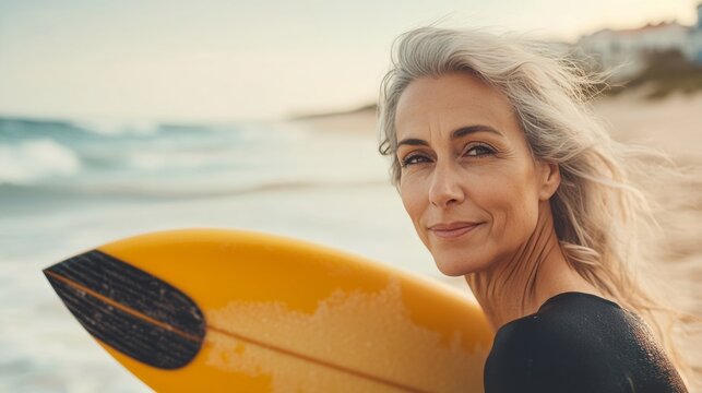 Woman with gray hair, wearing wetsuit, smiling at beach with surfboard behind her back. - Powered by Adobe