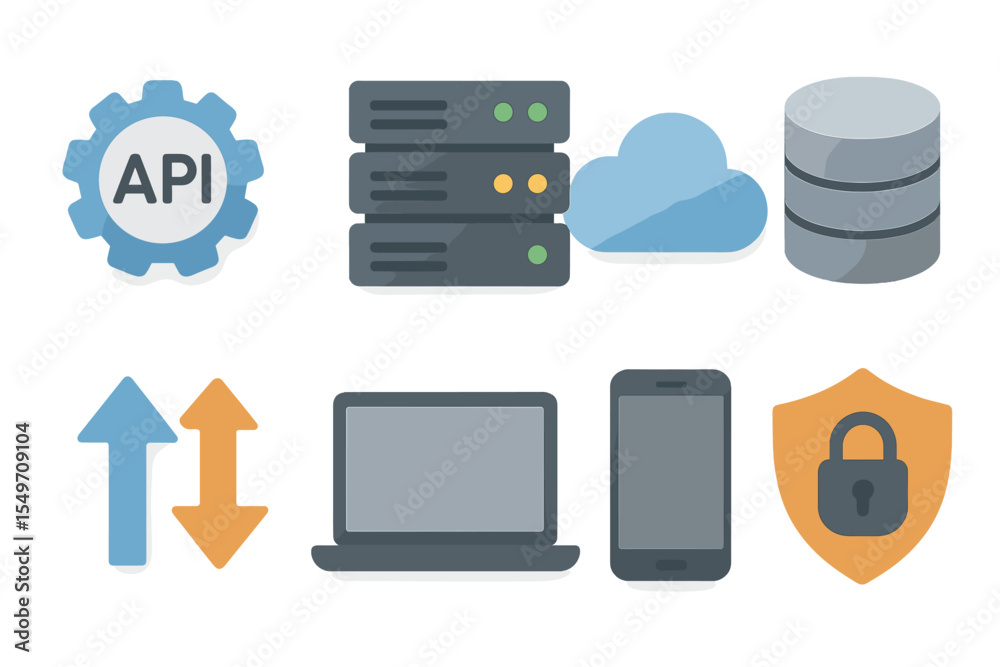 Aufkleber Software integration and data security concepts depicted through icons representing API, servers, cloud storage, and devices