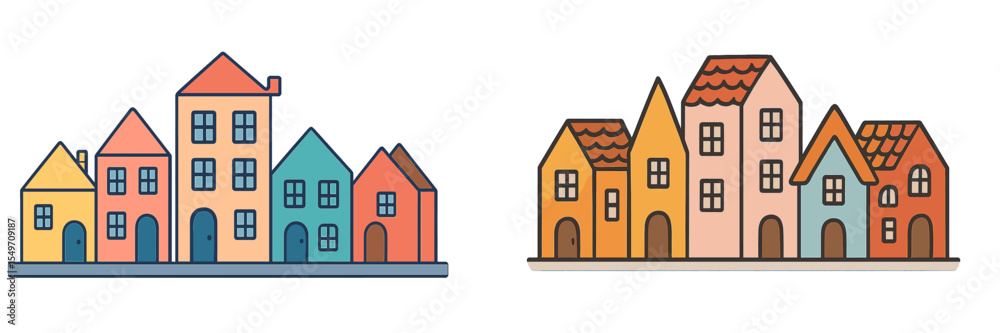 Poster colorful row of cartoon houses in a whimsical style showcasing different shapes and sizes in a playf