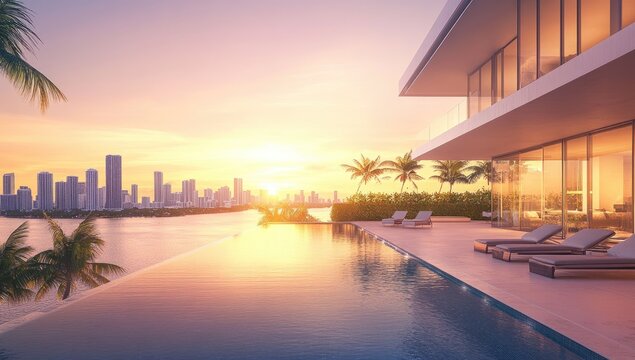 Luxurious beachfront house at sunset - Powered by Adobe