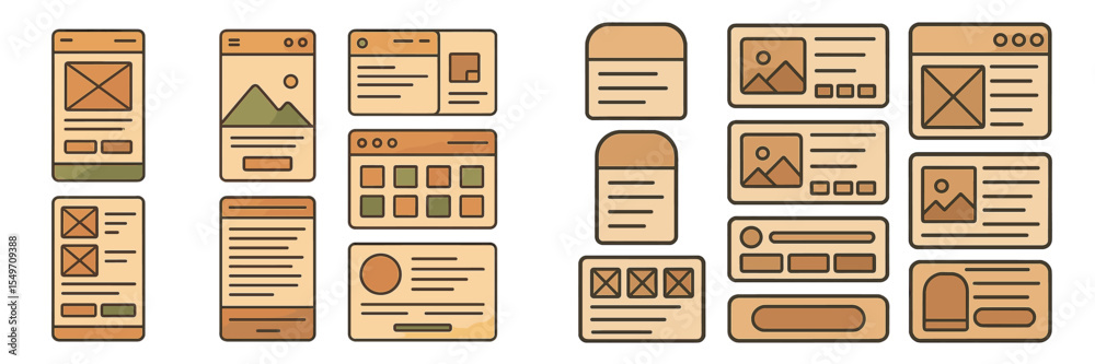 Aufkleber User interface design concepts featuring various layouts for mobile and desktop applications