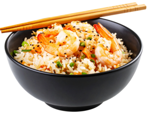  Side View of Asian Shrimp Fried Rice in Matte Black Bowl with Chopsticks Resting, Isolated on Transparent Background