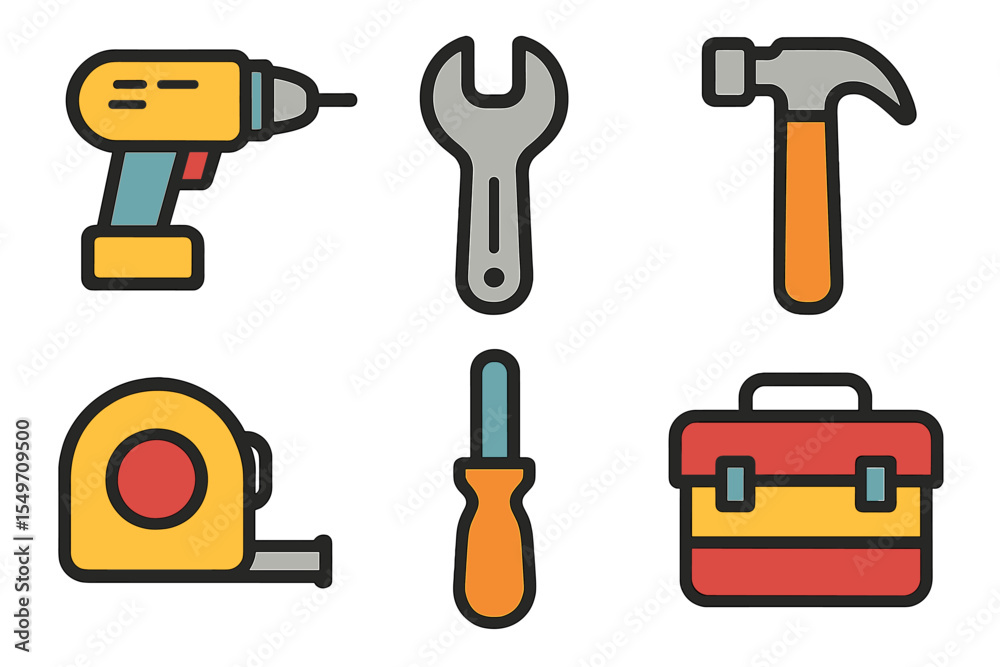 Poster various hand tools and power equipment used in home improvement and diy projects displayed on a neut