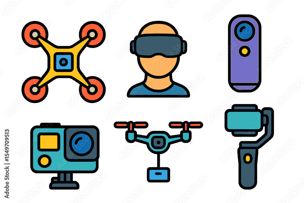 Poster exploring modern technology with drones, virtual reality, and cameras for innovative content creatio