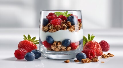 Greek yogurt parfait with granola on a pure white backdrop under perfect lighting