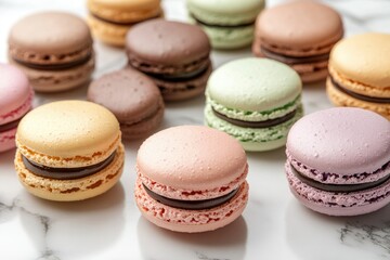 Fototapeta premium A delightful assortment of colorful macarons with chocolate ganache filling, elegantly arranged on a marble surface.