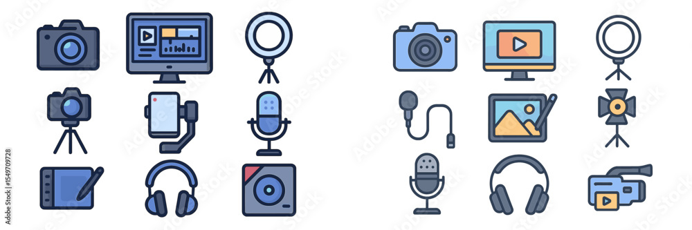 Poster collection of multimedia equipment for content creation in a digital workspace