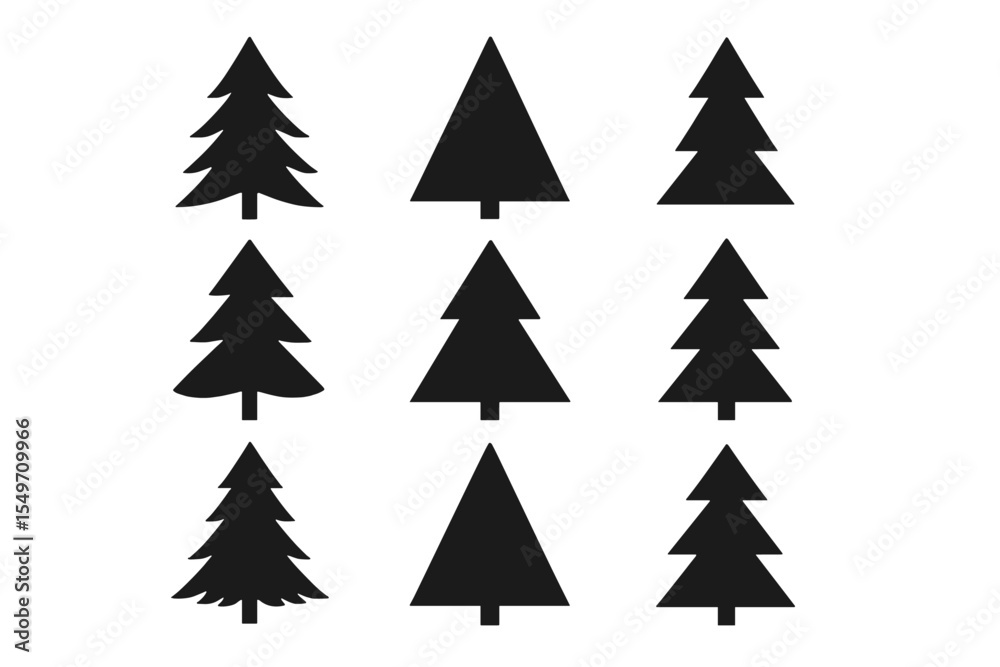 Poster various silhouettes of pine trees arranged in a grid pattern showcasing different styles and shapes 