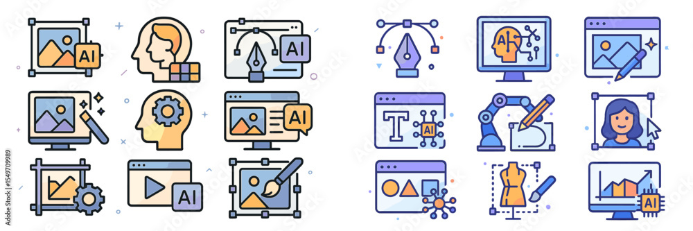 Aufkleber Collection of digital art and design icons featuring artificial intelligence tools and techniques for creative projects