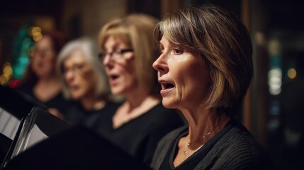 Obraz premium Church choir singing patriotic songs , medium shot , in community hall , depth and centered framing , with warm indoor light