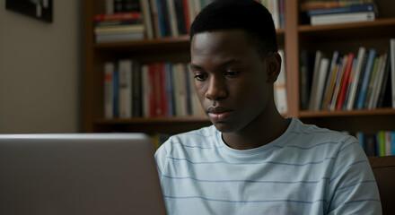 Focused young man working on laptop in library setting serious expression studying online education